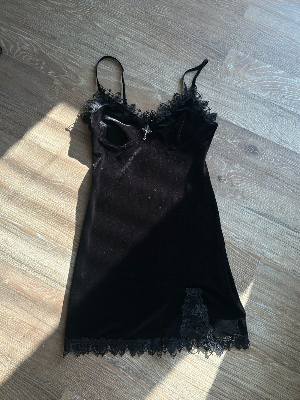 Black Lace-Trim Velvet Slip Dress